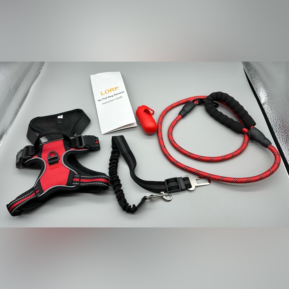 Dog No Pull Harness and Leash Set Black w Red Size Med